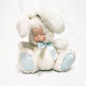 Porcelain Doll Bunny Rabbit Plush Music Box 10" Cape Craftsmen Plays Lullaby